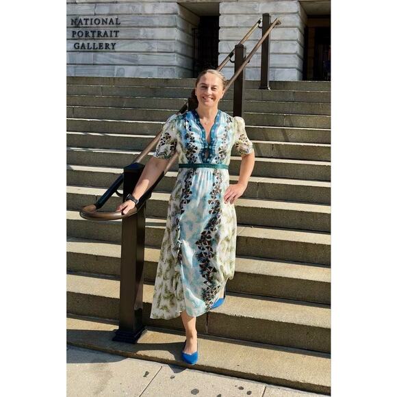 SALONI Blue White Floral Tabitha Feather Papyrus 100% Silk Midi Dress Size US 0 - Picture 16 of 16